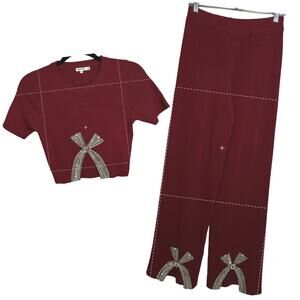 Red Knit 2-Piece Lounge Set with Rhinestone Bows – Size M – New Without Tags